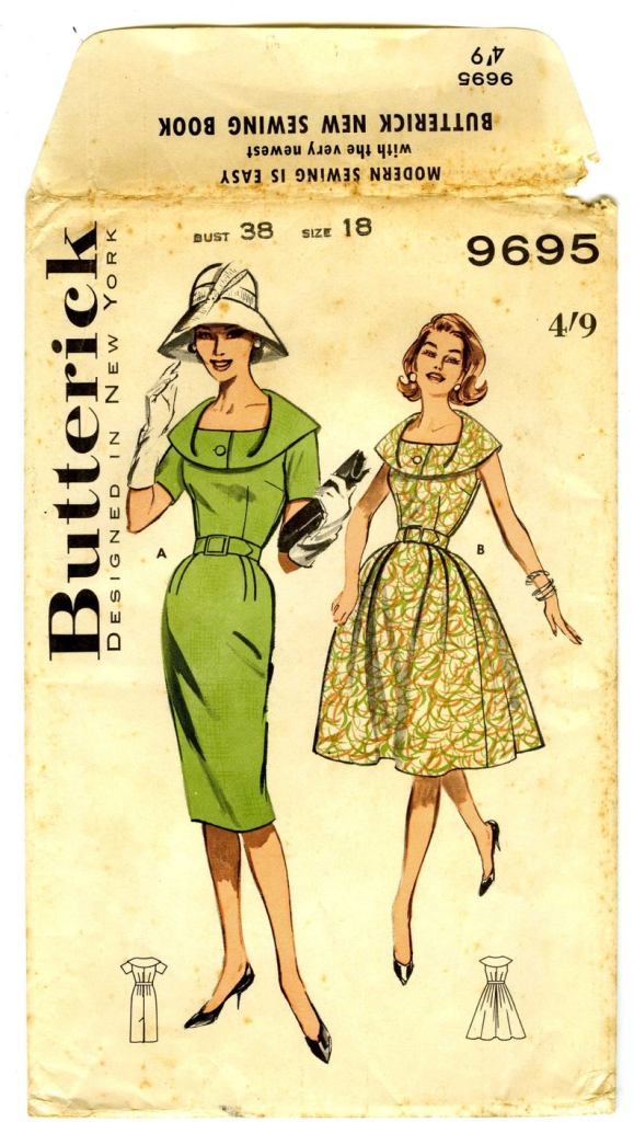 Butterick 9695: Two women, one in a white bucket hat and white gloves, wearing a green solid sheath dress with unusual collar and sleeves, the other in a green scribble print sleeveless version. 